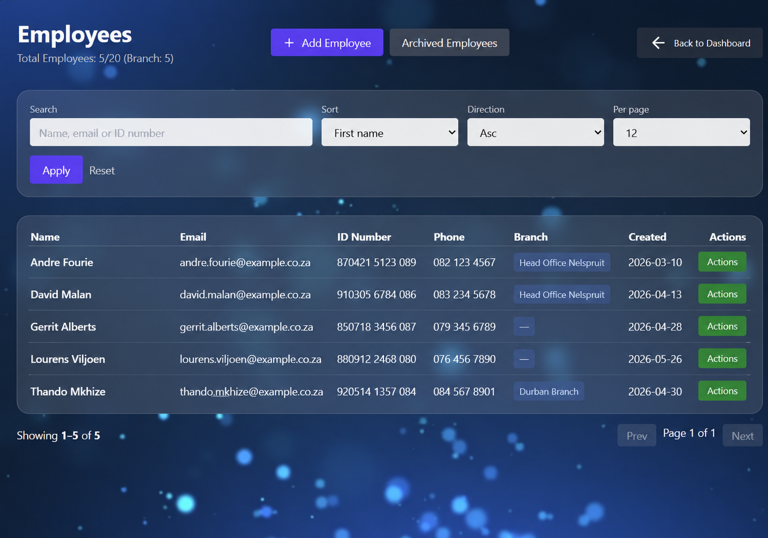Employee management module screenshot